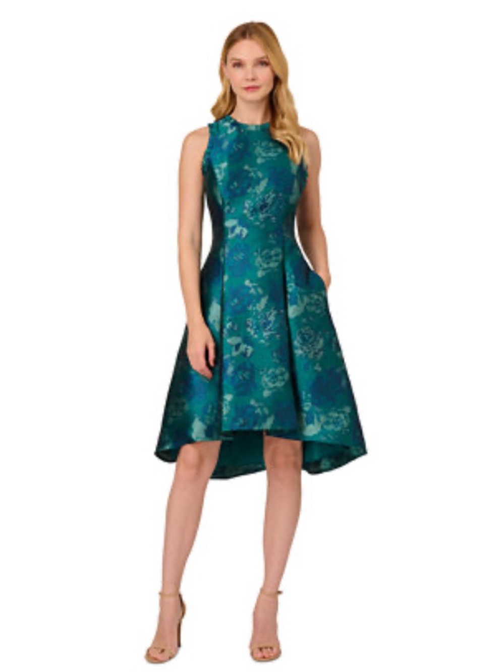 NWT Adrianna Papell Jacquard Floral Sleeveless A-Line Midi Dress Teal 16